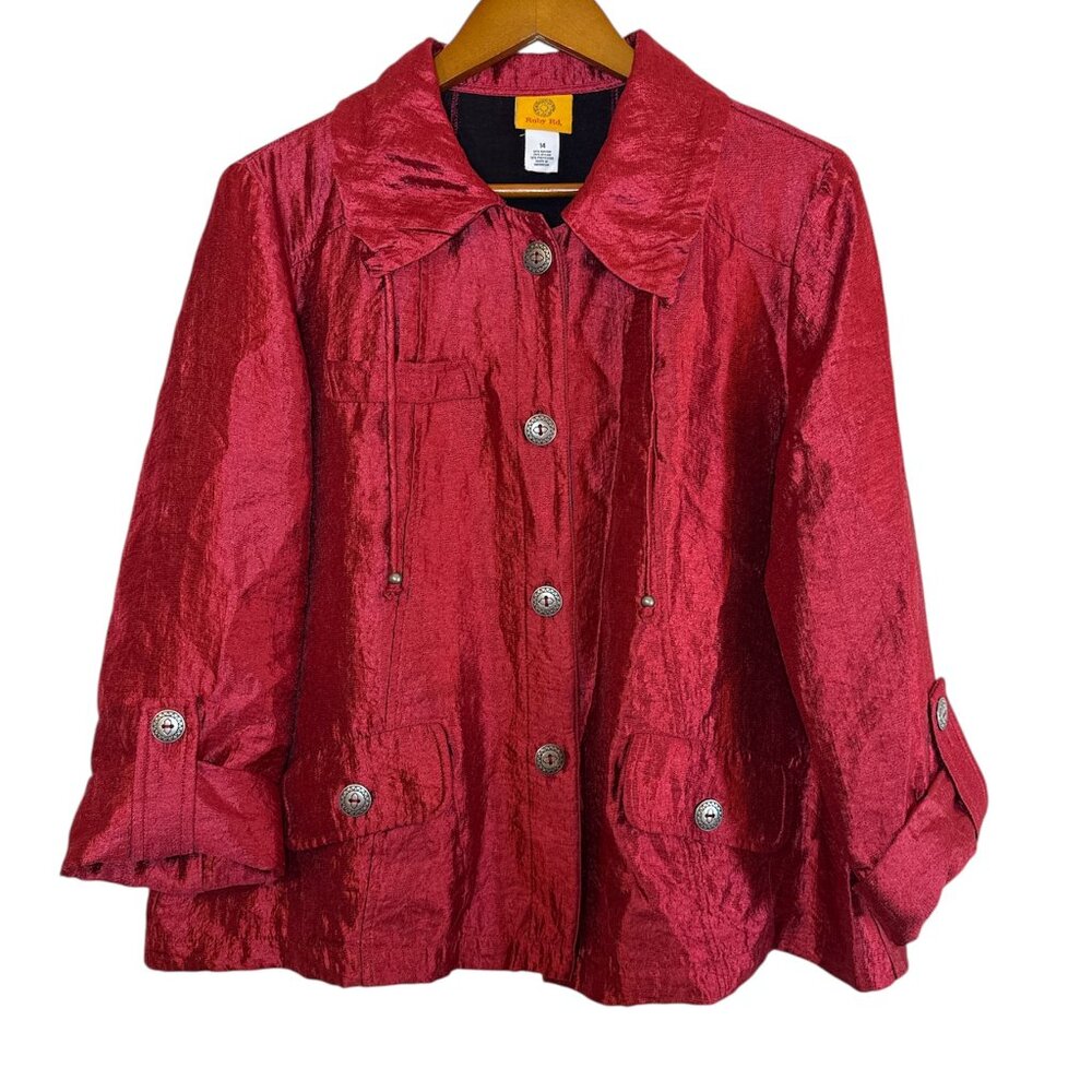 Ruby Rd Women's Jacket Size 14 Red Metallic Retro Button Front Blazer